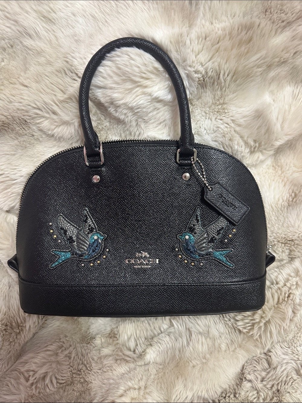 Coach Mini Sierra F23354 Black Leather Satchel with Teal Embroidered Birds